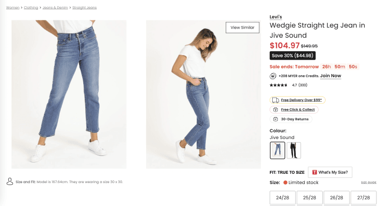 Myer: Levi’s Wedgie Straight Leg Jean in Jive Sound – 30% Off, $104.97